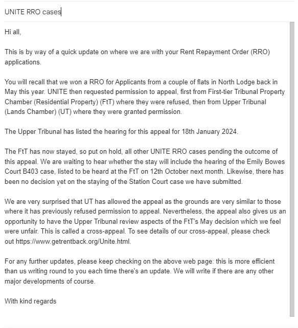 update email re Unite appeal and stays